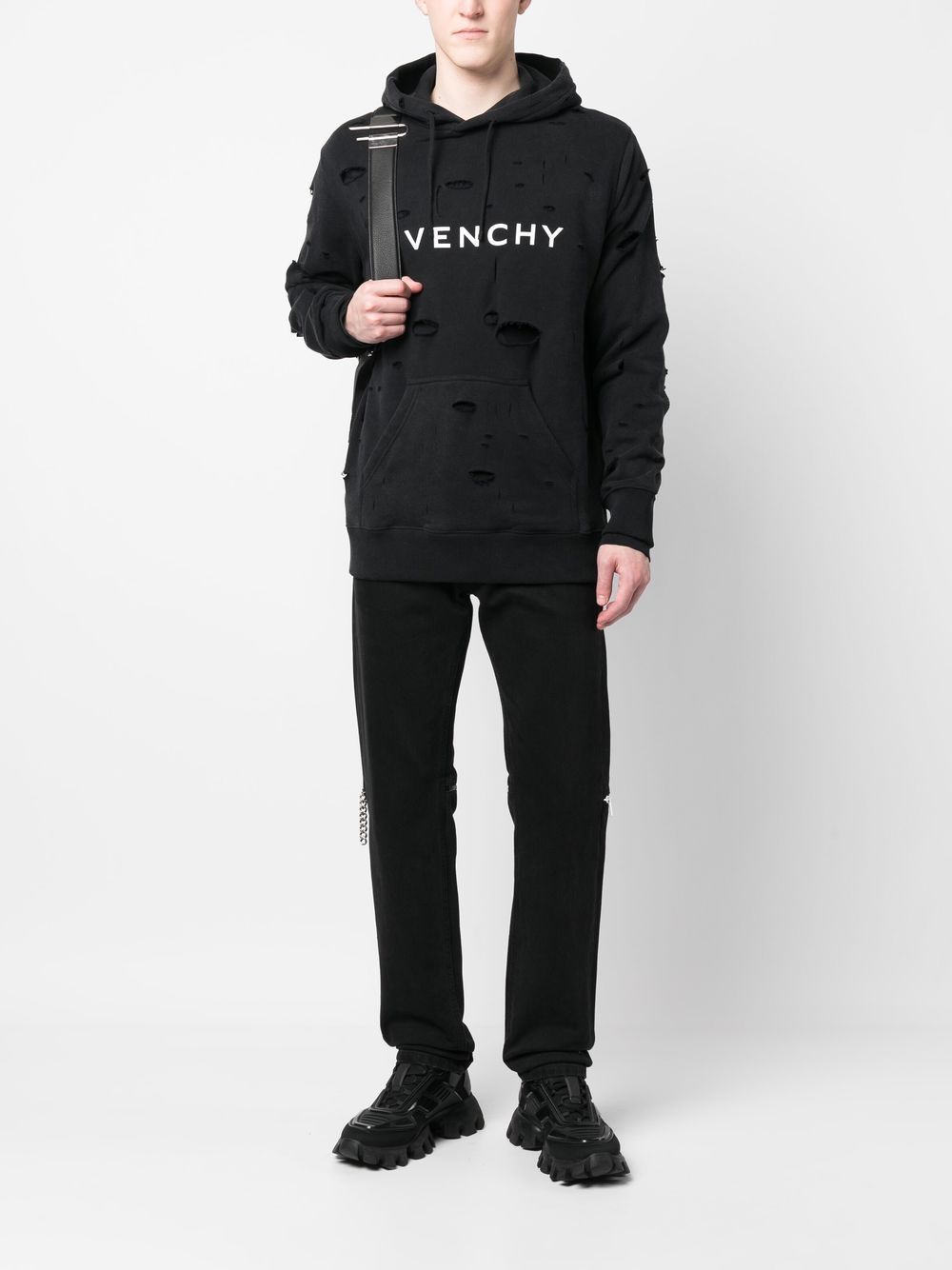 Distressed-Effect Drawstring Hoodie