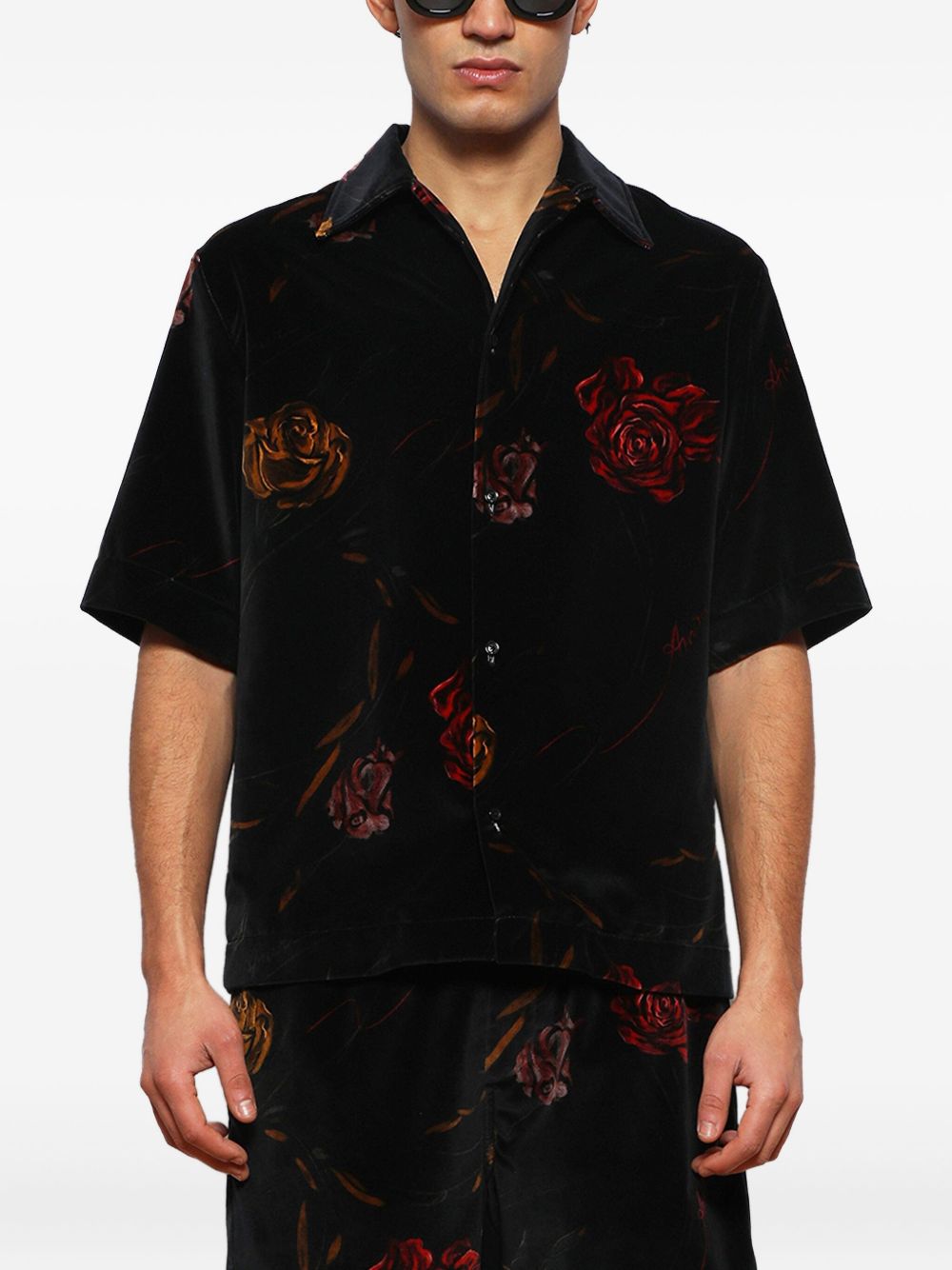 rose-print velvet shirt