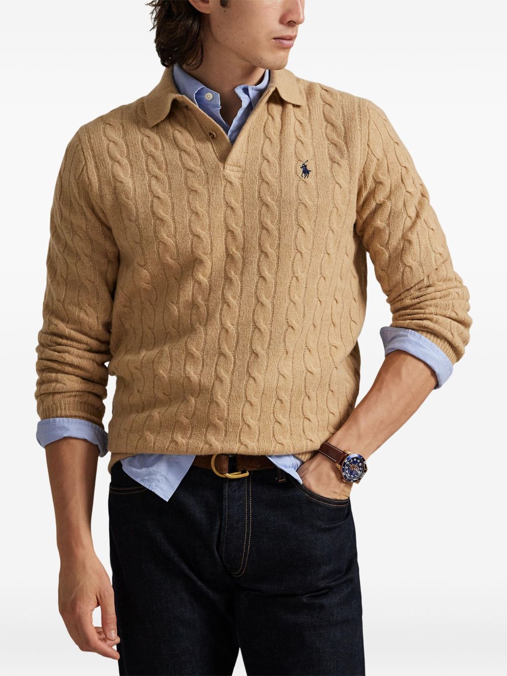 cable-knit polo-neck sweater