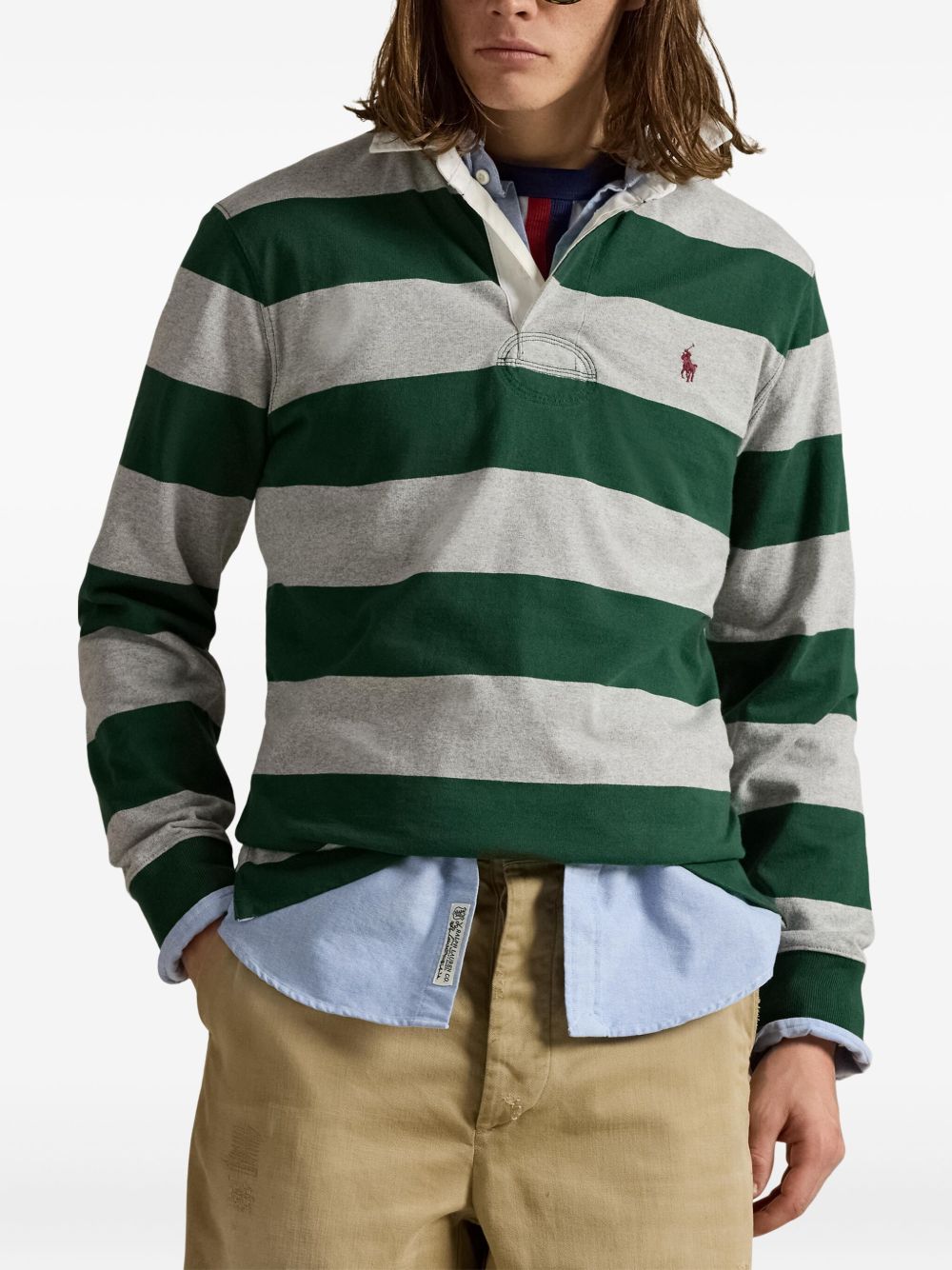 striped-pattern long-sleeve polo shirt