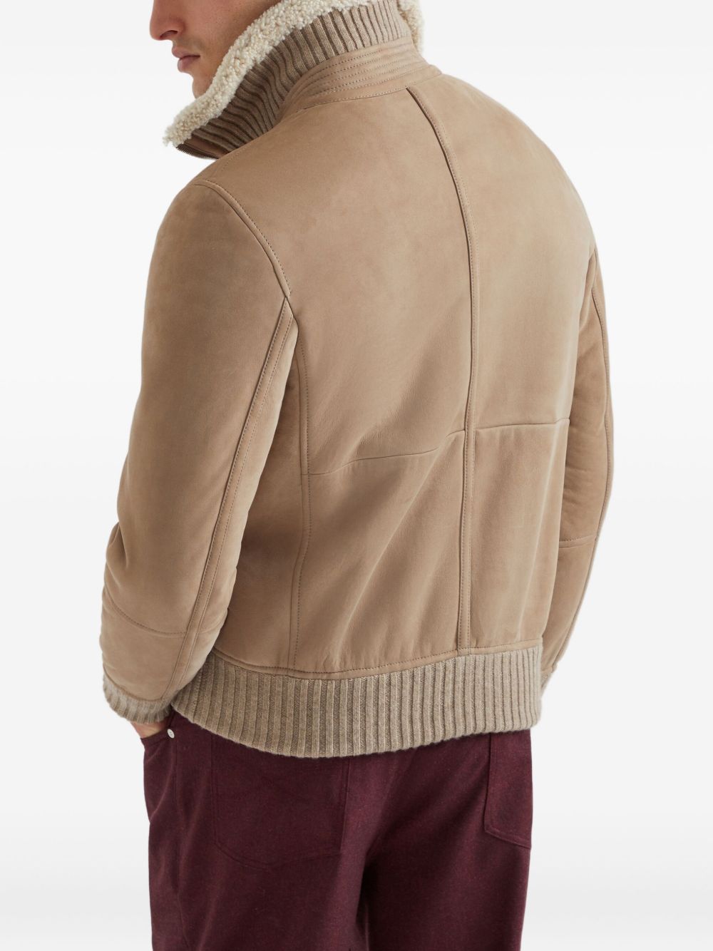 shearling-collared suede jacket