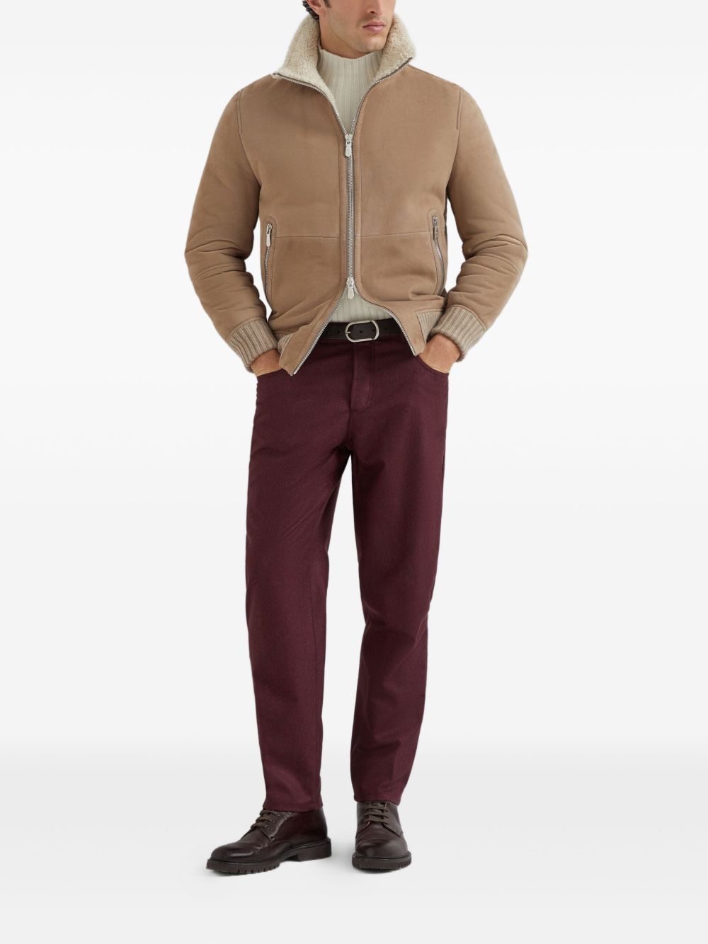 shearling-collared suede jacket