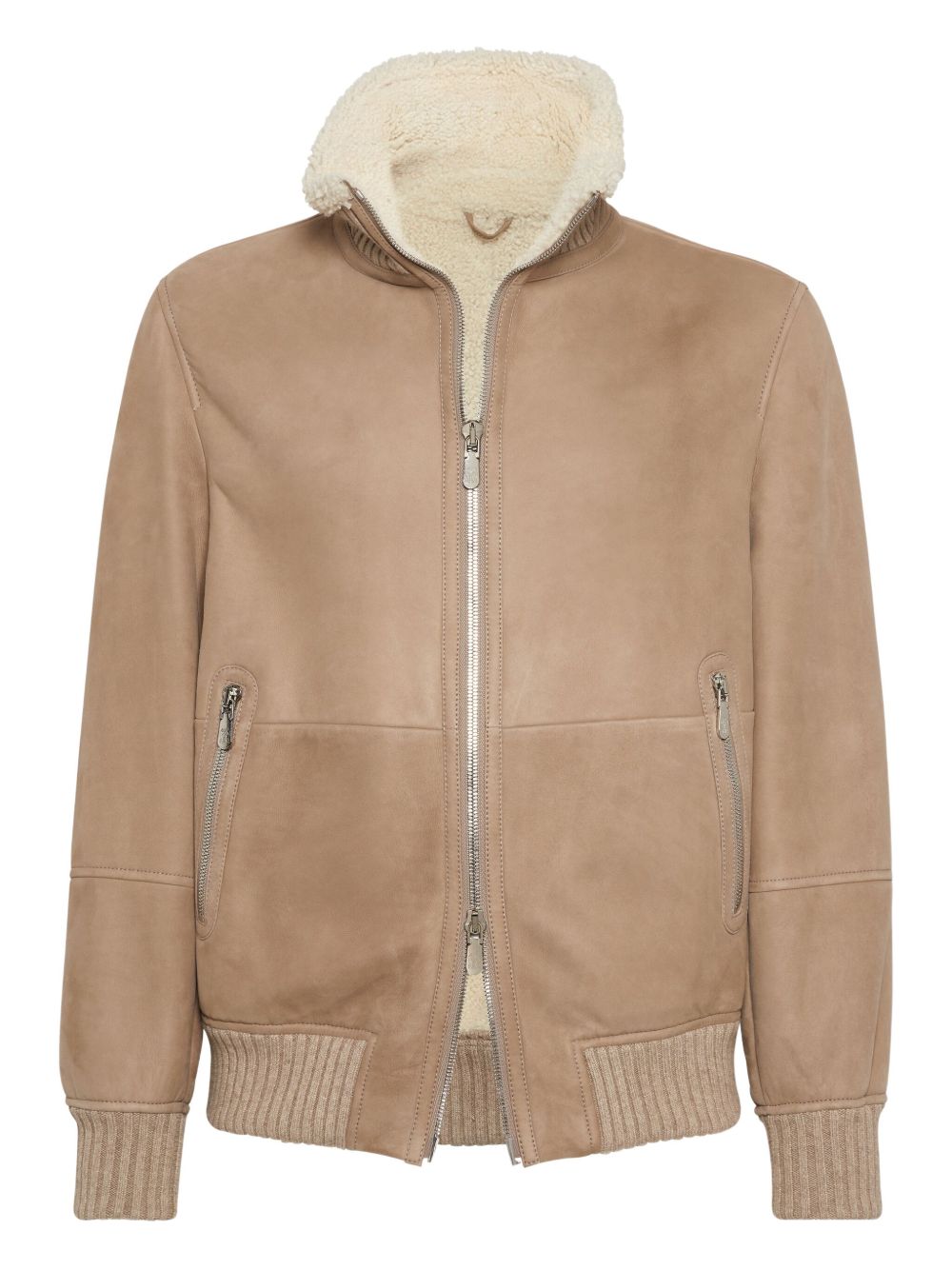 shearling-collared suede jacket