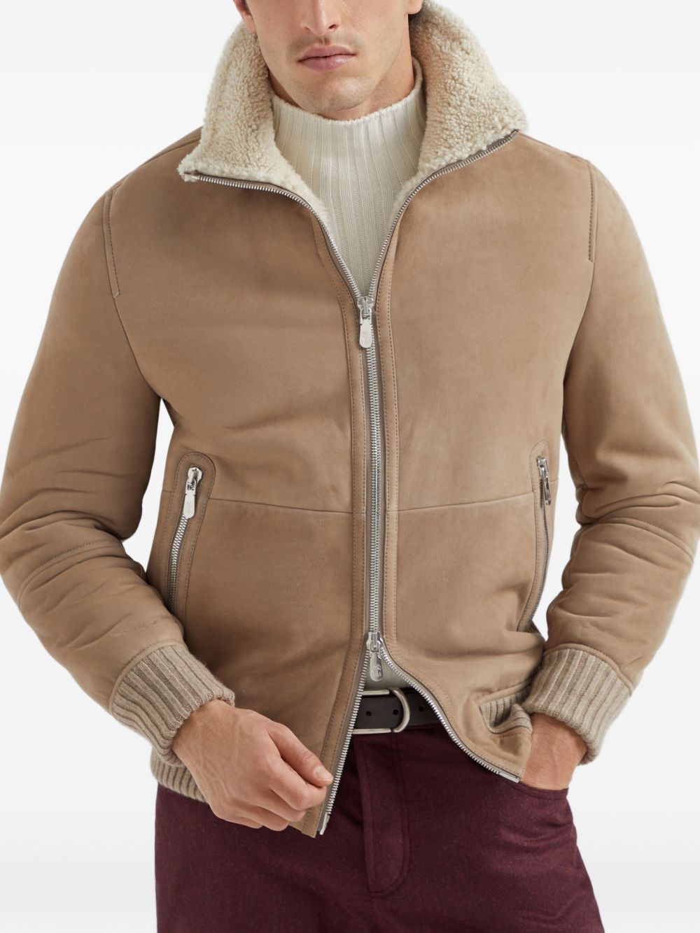 shearling-collared suede jacket
