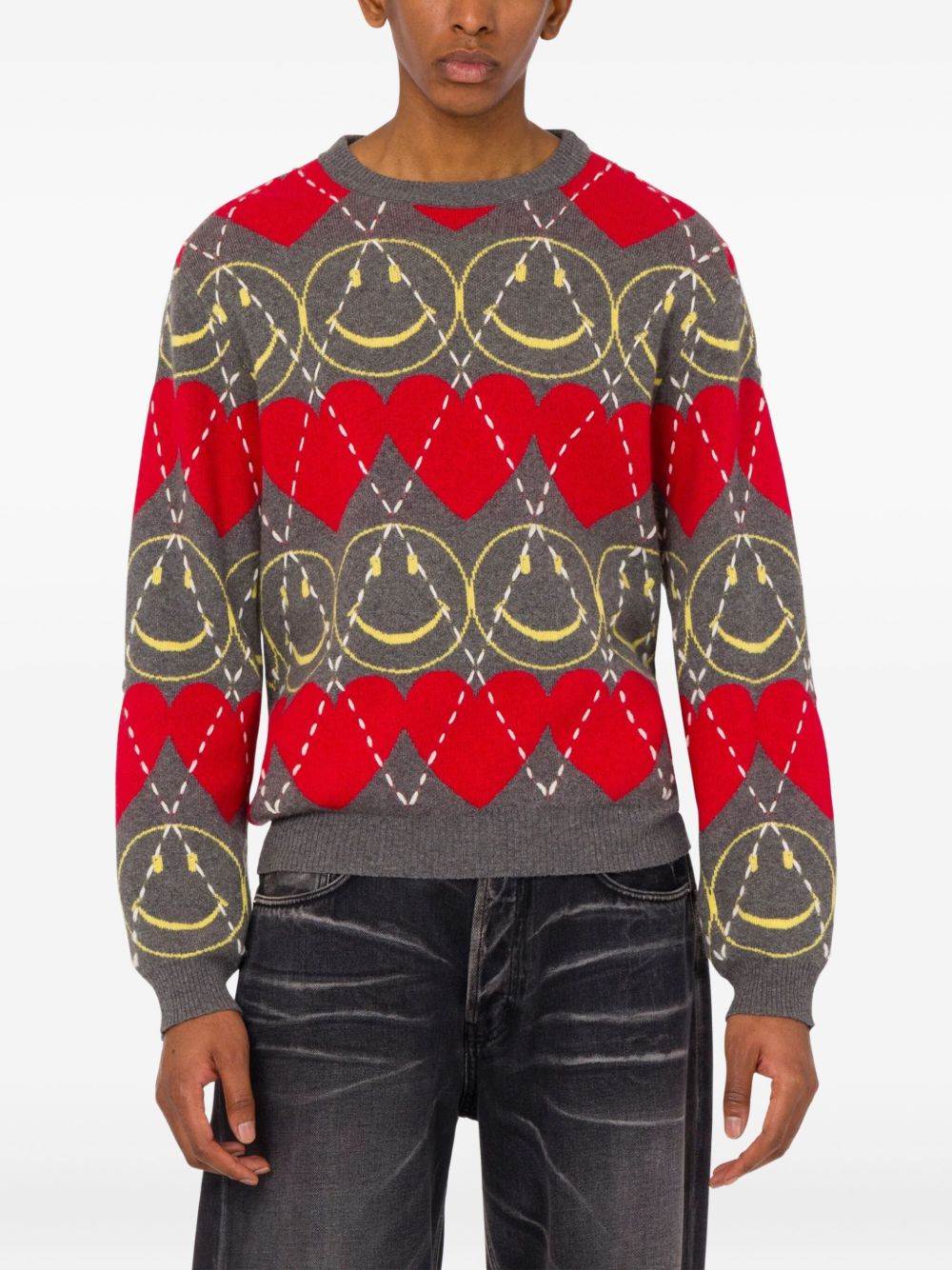 smiley-face heart-pattern sweater