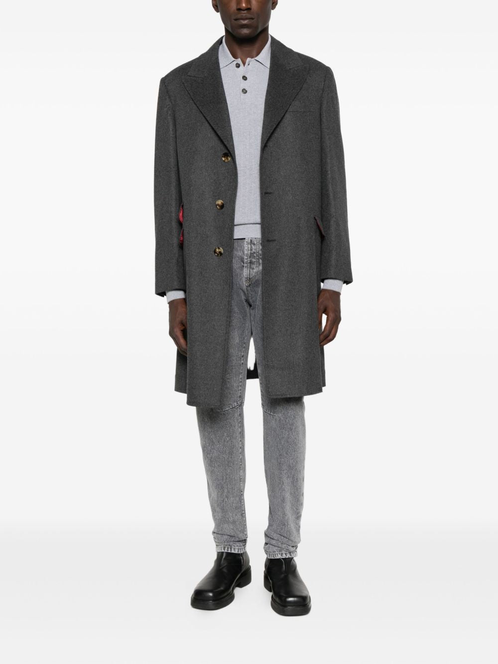 button-fastening flap-pocket coat