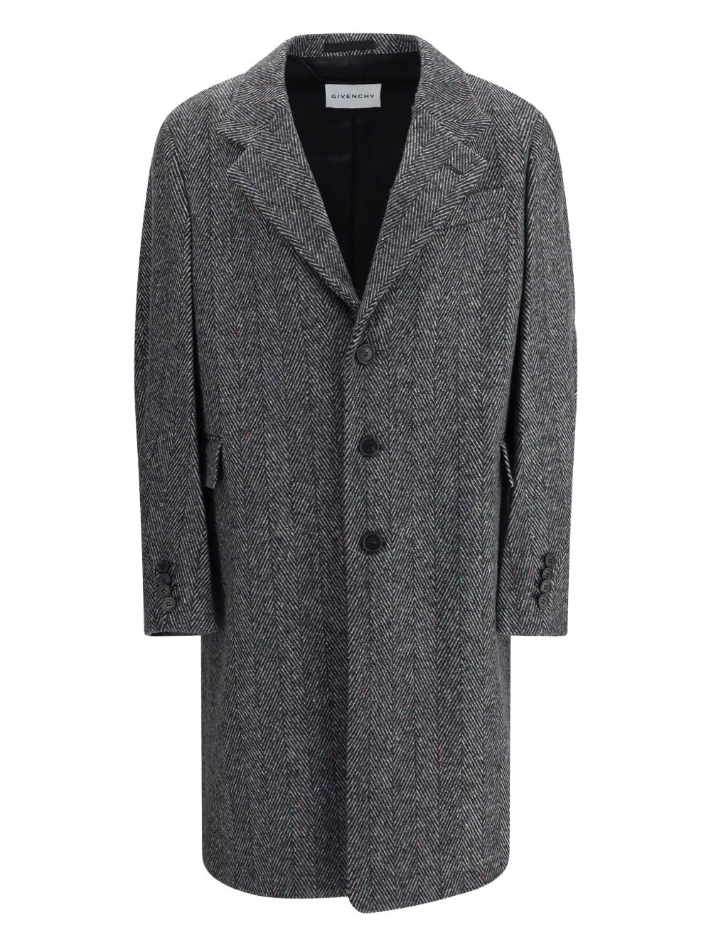 herringbone-pattern notched-lapel coat