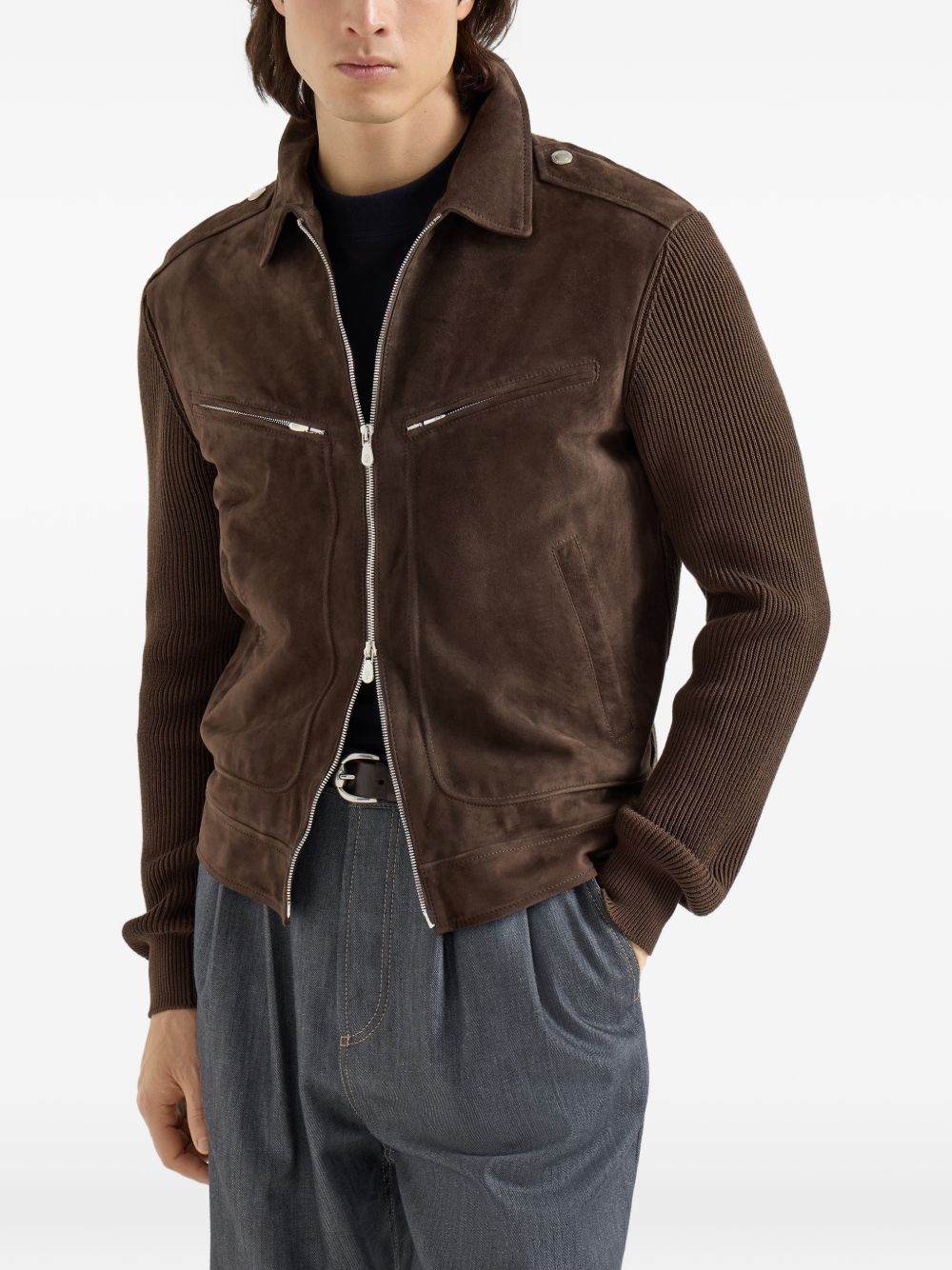 ribbed-knit suede jacket