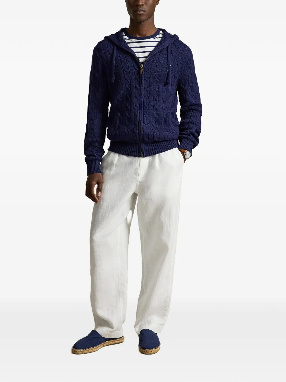 cable-knit zip-up hooded cardigan
