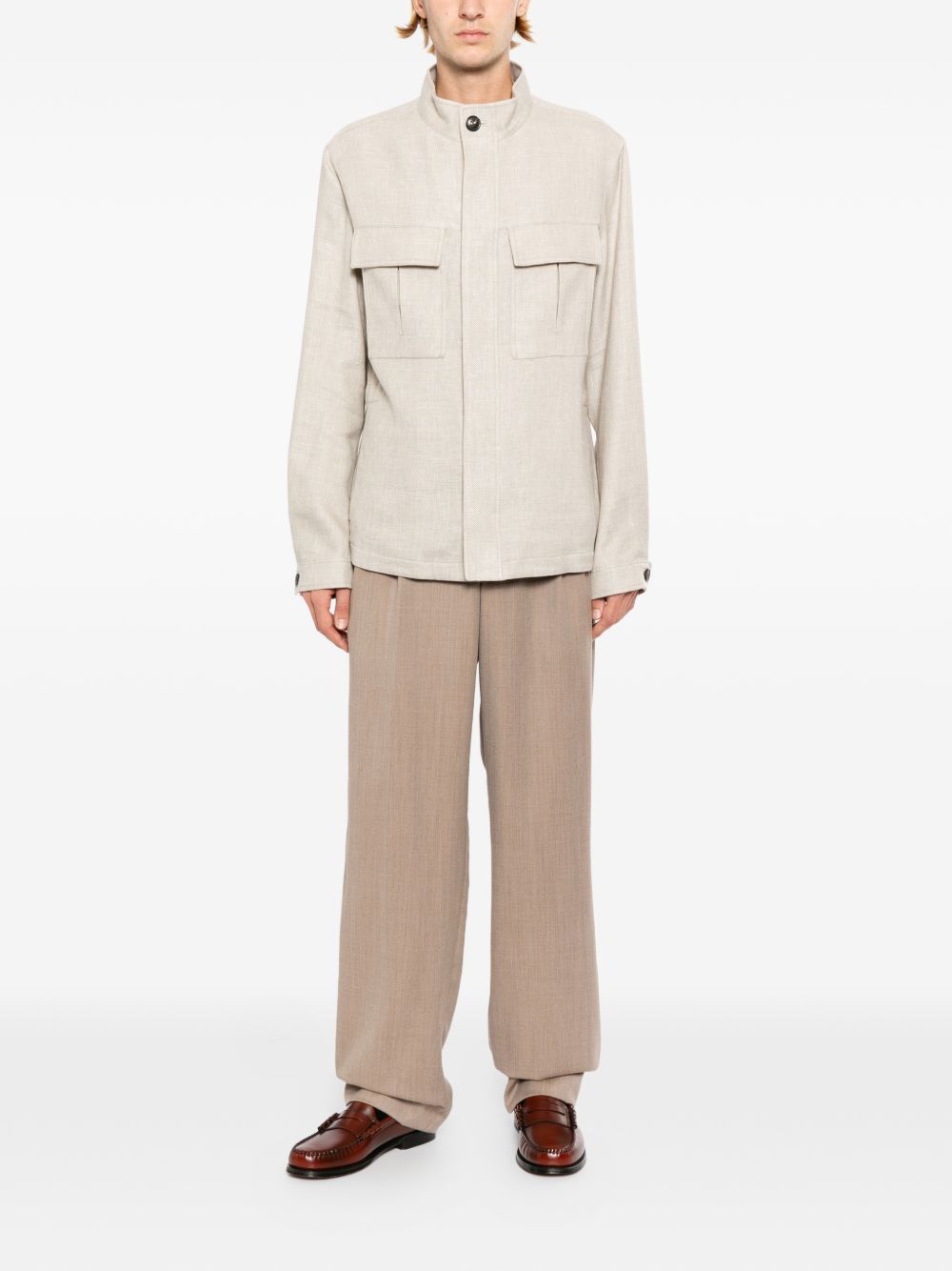 stand-collar flap-pocket jacket