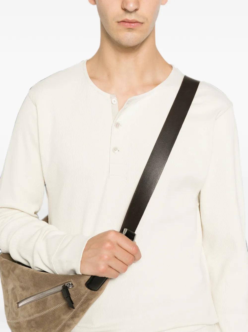 long-sleeve henley T-shirt in linen and cotton-ribbed jersey
