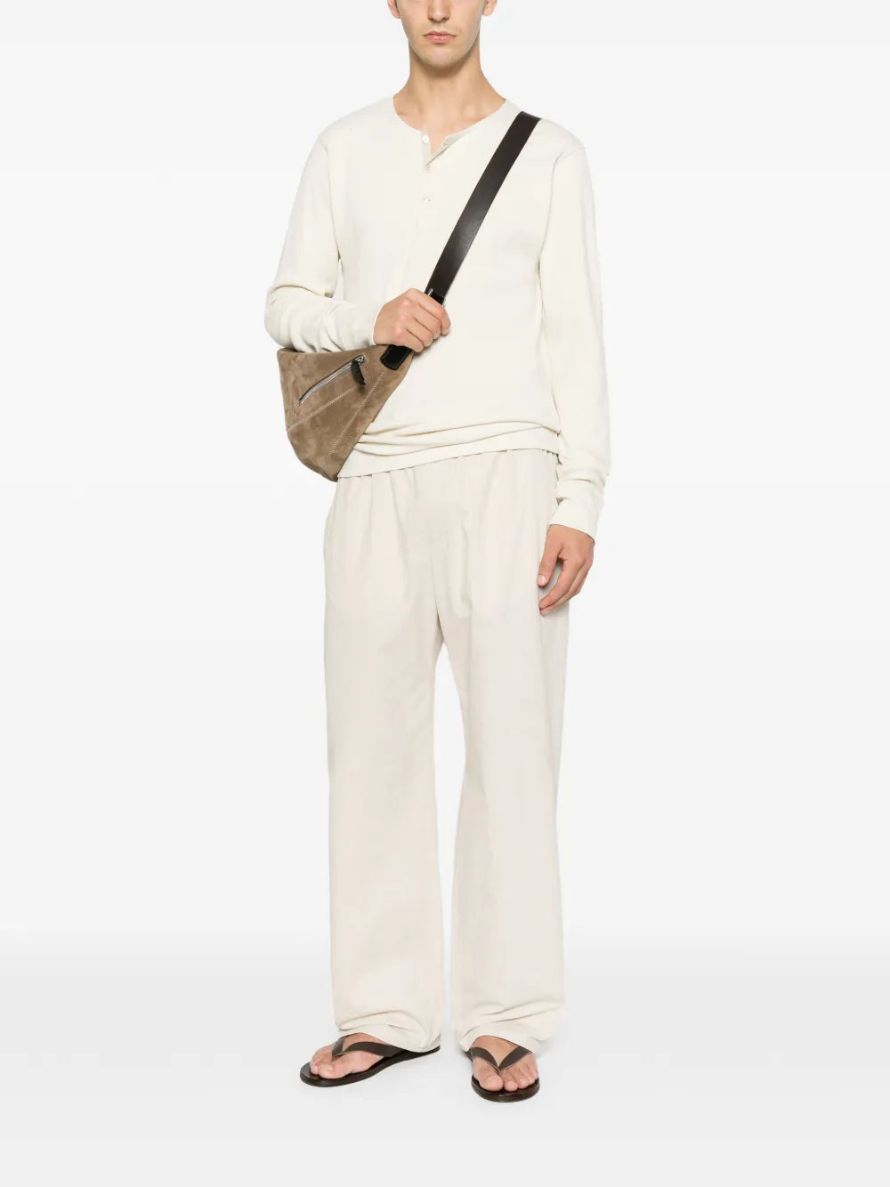 long-sleeve henley T-shirt in linen and cotton-ribbed jersey