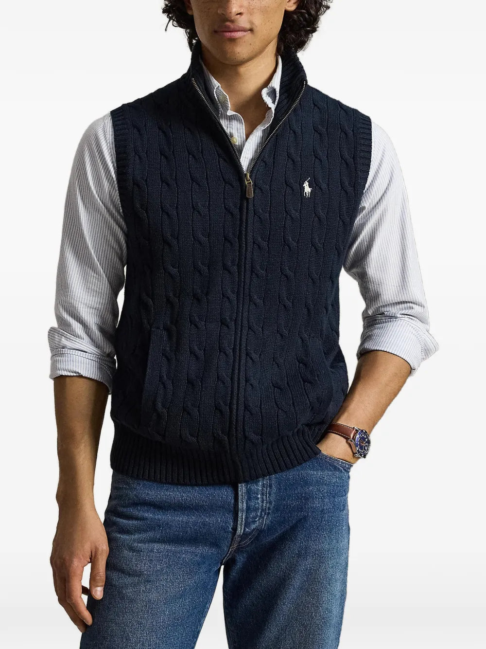 cable-knit zip-up sleeveless cardigan