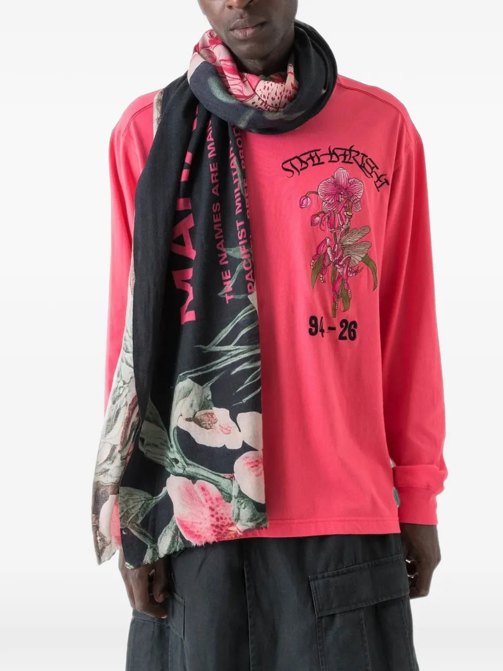 floral-print fringed scarf